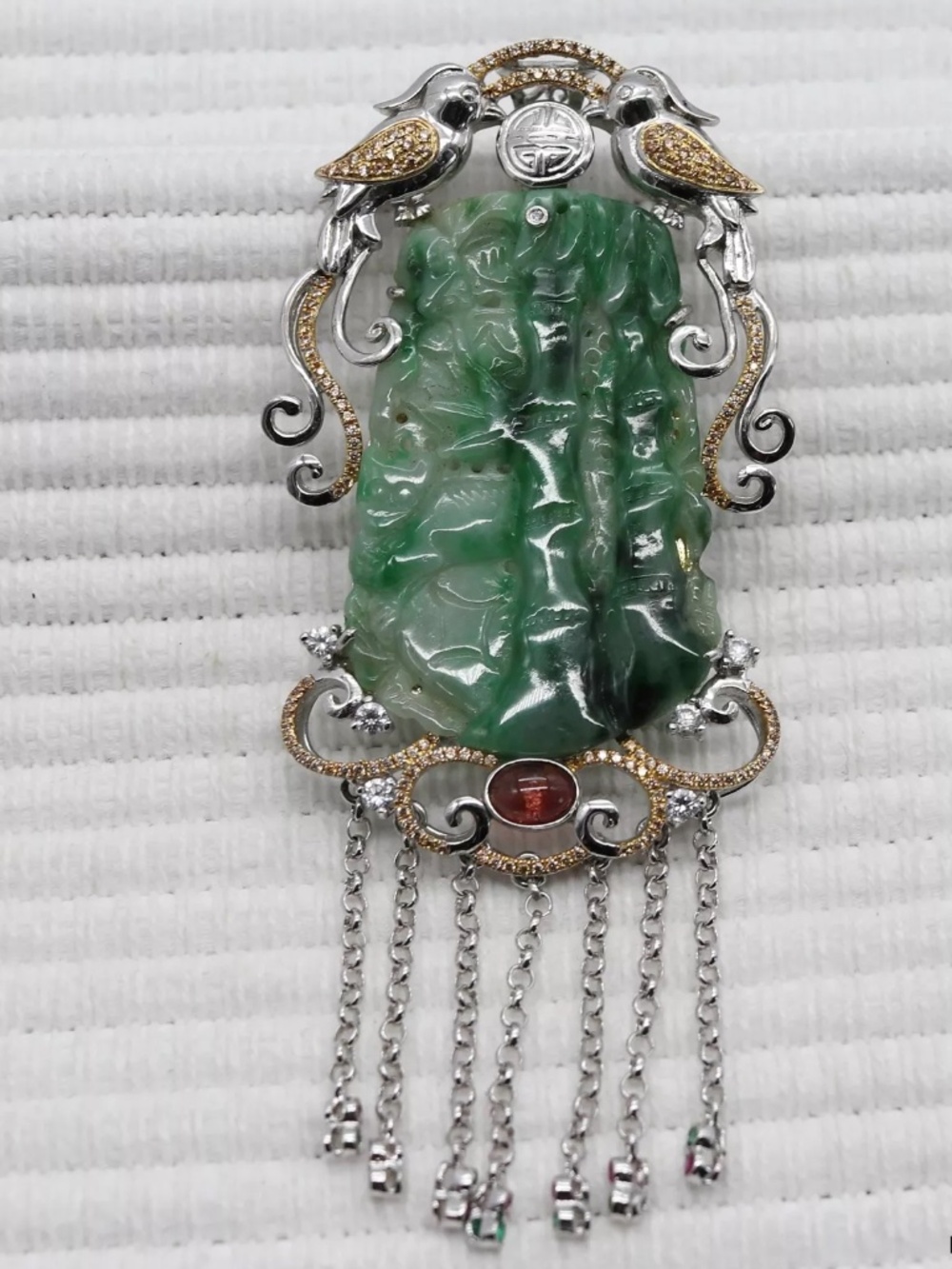 Two-Toned Sterling Silver & Green Jade, Emerald, Ruby Bamboo Forest Birds Brooch